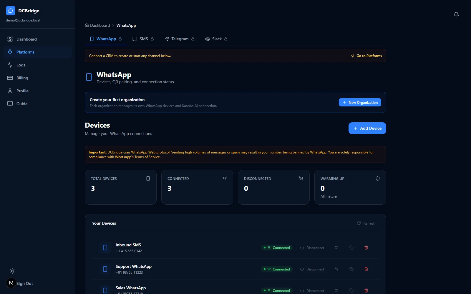 DCBridge dashboard listing WhatsApp, SMS, Telegram and Slack connections with live connected status and device counts