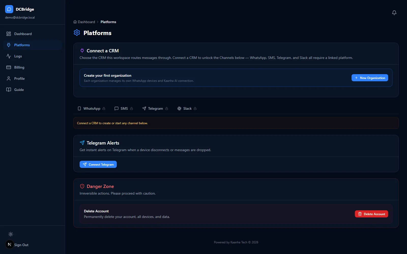Platforms page where a CRM is connected and channels are configured once for every connection